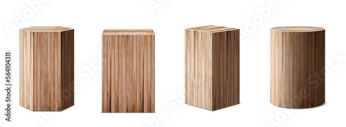 3D wood podium Pedestals, abstract geometric empty museum stages, exhibit displays for award ceremony presentation. Gallery platform, Set design Blank Wooden product stands