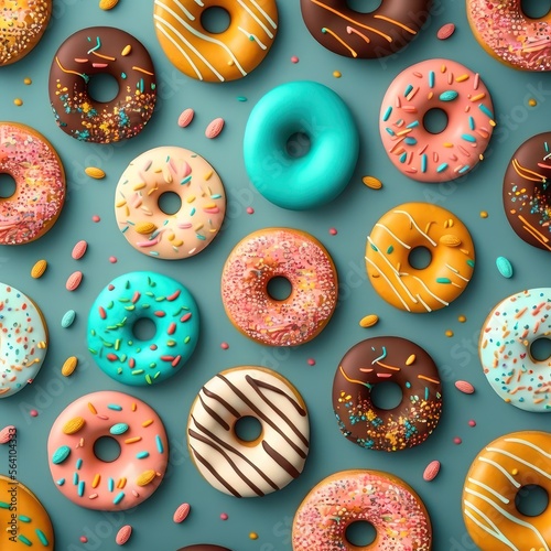 Seamless pattern background with donuts colourful 3D render illustration. Generative AI. 
