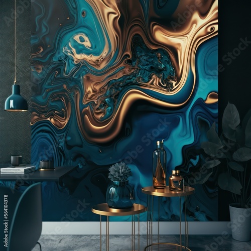 3D of luxury blue and gold walls interior of a room illustration. Generative AI. 