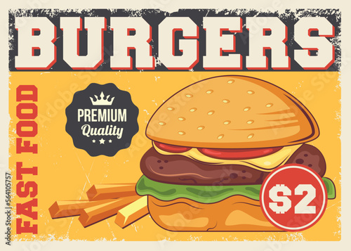 Burger with french fries promo menu sign for street food stand retro poster vector