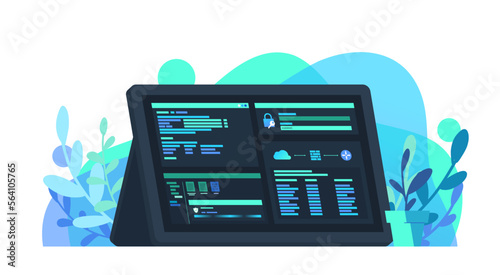 Cyber Security in Monitor Dashboard with Terminal Interface Scanning Virus and Network Firewall Privacy Digital Jobs Flat Vector Illustration Blue and Green Color