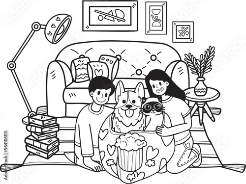 Hand Drawn owners are watching movies in blankets with dogs and cats illustration in doodle style