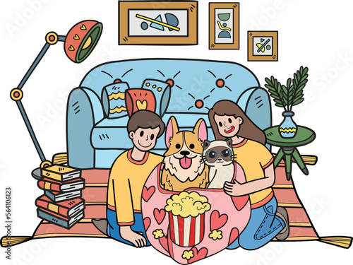 Hand Drawn owners are watching movies in blankets with dogs and cats illustration in doodle style