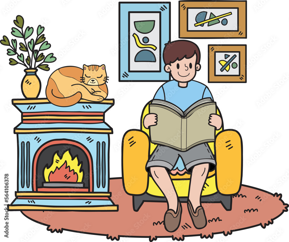 Hand Drawn The owner reads a book with the cat in the living room illustration in doodle style