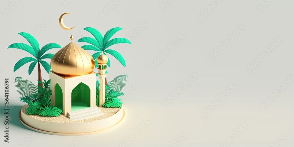Fototapeta premium 3D Mini Mosque with Golden Dome for Ramadan Banner