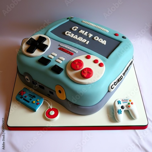 Video Game Console Geek Style Birthday Cake, with full colors, television, controller, and another relevant elements for retro gaming world, generative ai photo