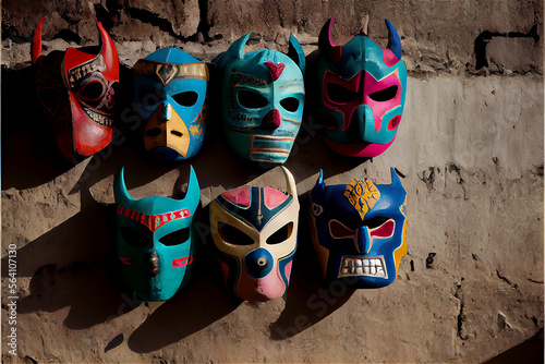 colorful Mexican wrestling masks hanging from a wall, generative AI