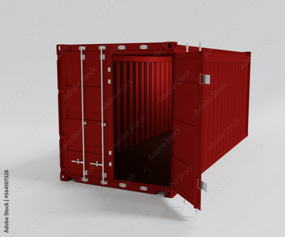 Isolated red half opened door cargo container 3d rendering