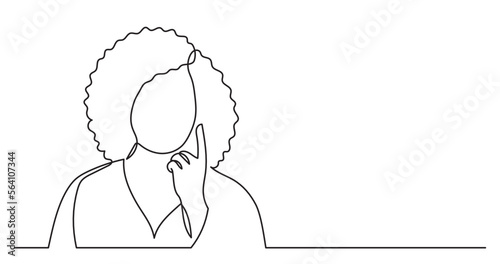 continuous line drawing vector illustration with FULLY EDITABLE STROKE of young woman with afro hairstyle thinking finding solutions solving problems