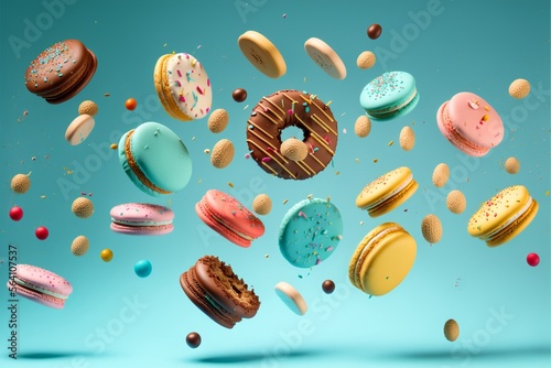 Fallende bunte Donuts und Macarons als schönes Hintergrund Motiv für Webdesign und Druck, ai generativ