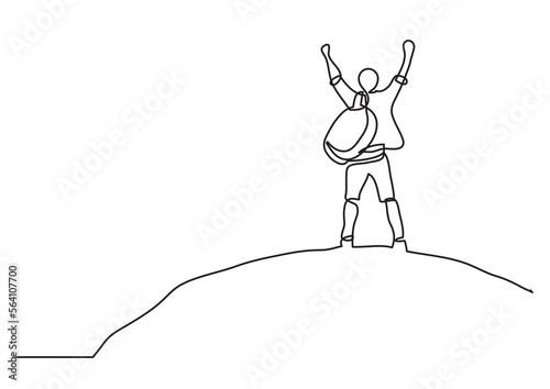 continuous line drawing vector illustration with FULLY EDITABLE STROKE of man on the top of the world