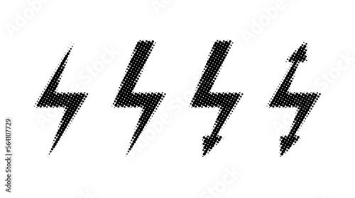 Halftone lightning bolt set. Black grunge thunderbolt collection. Textured flash symbols. Comic lightning strike signs. Vector 