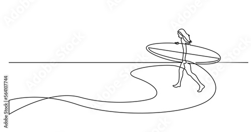 continuous line drawing vector illustration with FULLY EDITABLE STROKE of of healthy young woman walking on beach with surf board