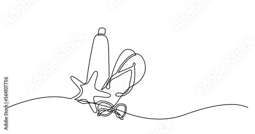 continuous line drawing vector illustration with FULLY EDITABLE STROKE of of sunscreen lotion sunglasses flip flops starfish on sand beach