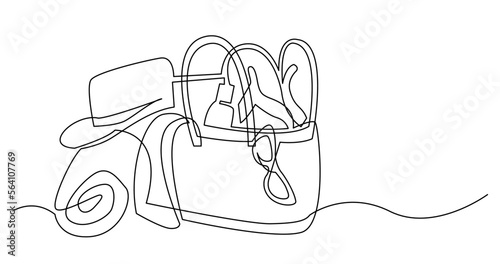 continuous line drawing vector illustration with FULLY EDITABLE STROKE of of vacation items in bag on beach