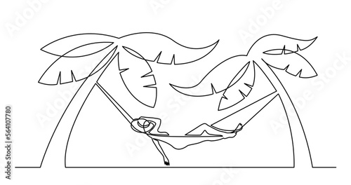 continuous line drawing vector illustration with FULLY EDITABLE STROKE of of woman relaxing on hammock on tripical beach under palm trees
