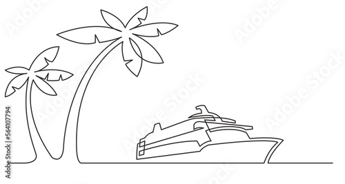 continuous line drawing vector illustration with FULLY EDITABLE STROKE of palm trees cruise ship