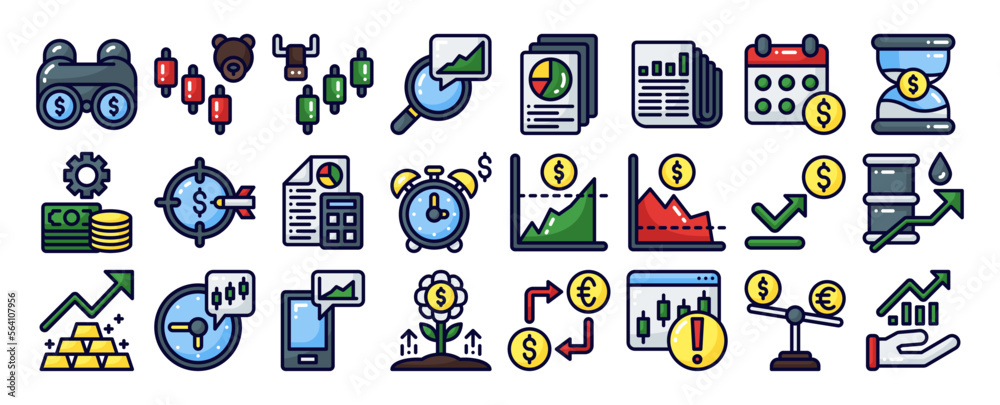 Naklejka premium stock market and trading Icon set. vector illustration for web, computer and mobile app. filled line style icon