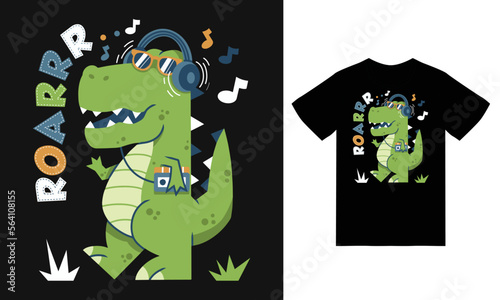 Cute dinosaur listening music illustration with tshirt design premium vector