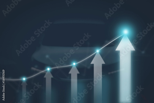 The arrow graph automotive future growth plan with glowing points and vehicle blurred on background, Automotive business concept