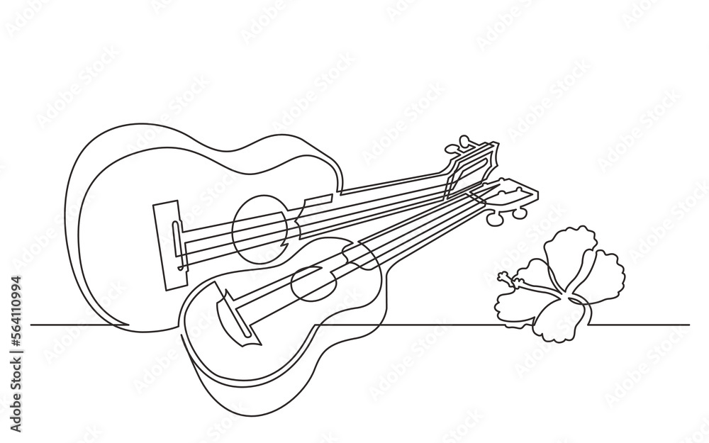 Obraz premium continuous line drawing vector illustration with FULLY EDITABLE STROKE of two hawaiian ukuleles with flower
