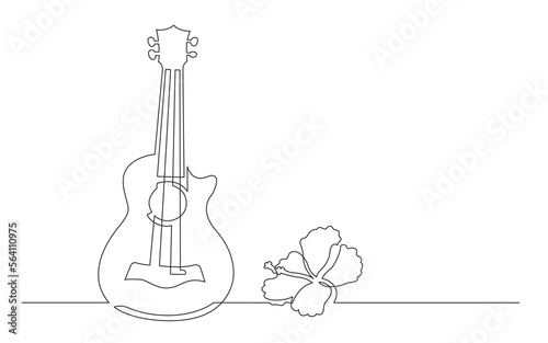 continuous line drawing vector illustration with FULLY EDITABLE STROKE of soprano ukulele with flower