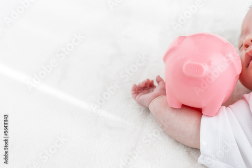 赤ちゃんの右手と豚の貯金箱（0歳1か月、日本人、男の子） photo