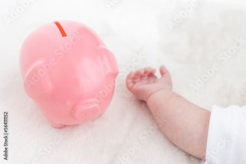 赤ちゃんの右手と豚の貯金箱（0歳1か月、日本人、男の子） photo