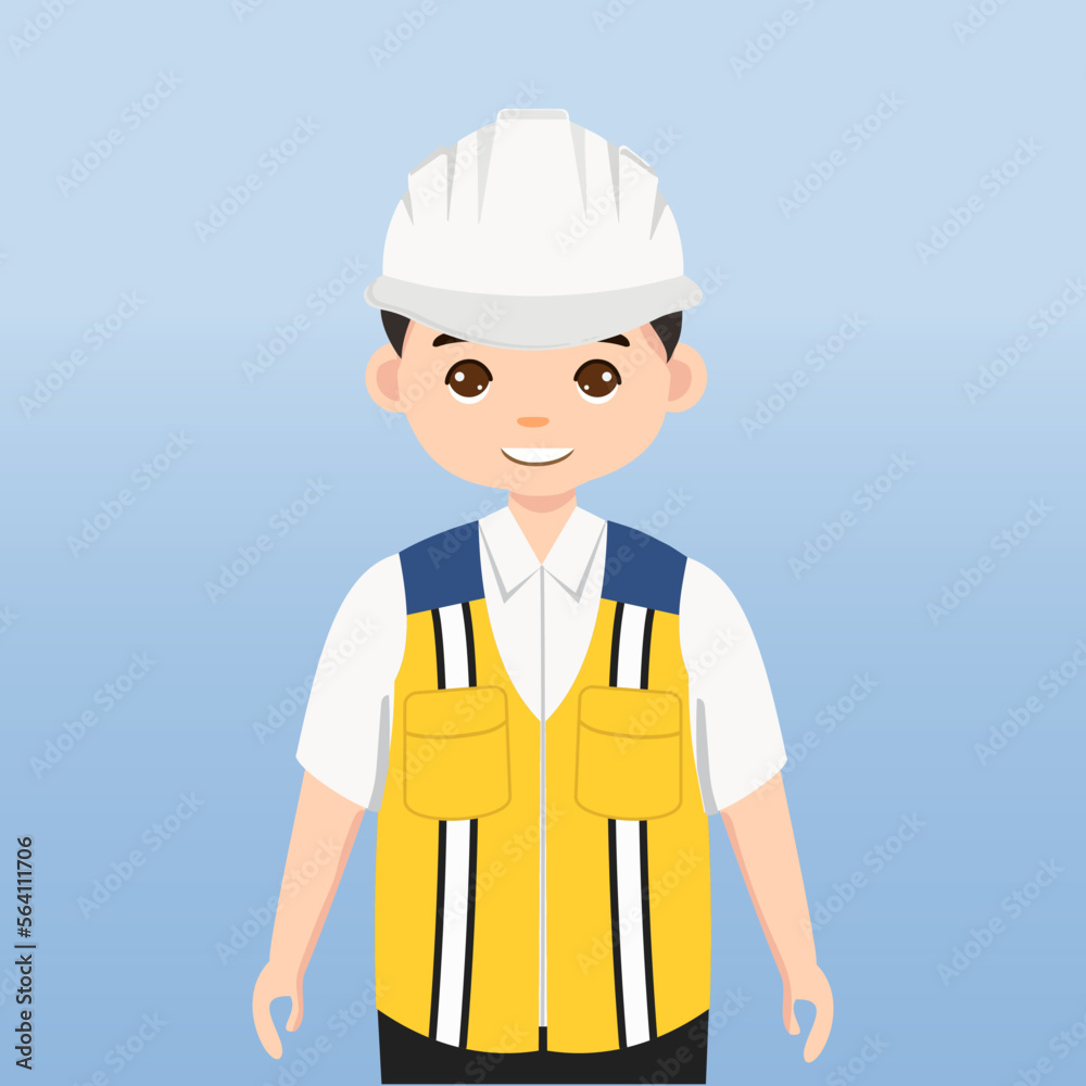 Architect, technician and builders and engineers and mechanics and Construction Worker,Vector illustration cartoon character. Engineer with white safety helmet and vest in construction site. Architect, technician and builders and engineers and mechanics and Construction Worker,Vector illustration cartoon character. Engineer with white safety helmet and vest in construction site.