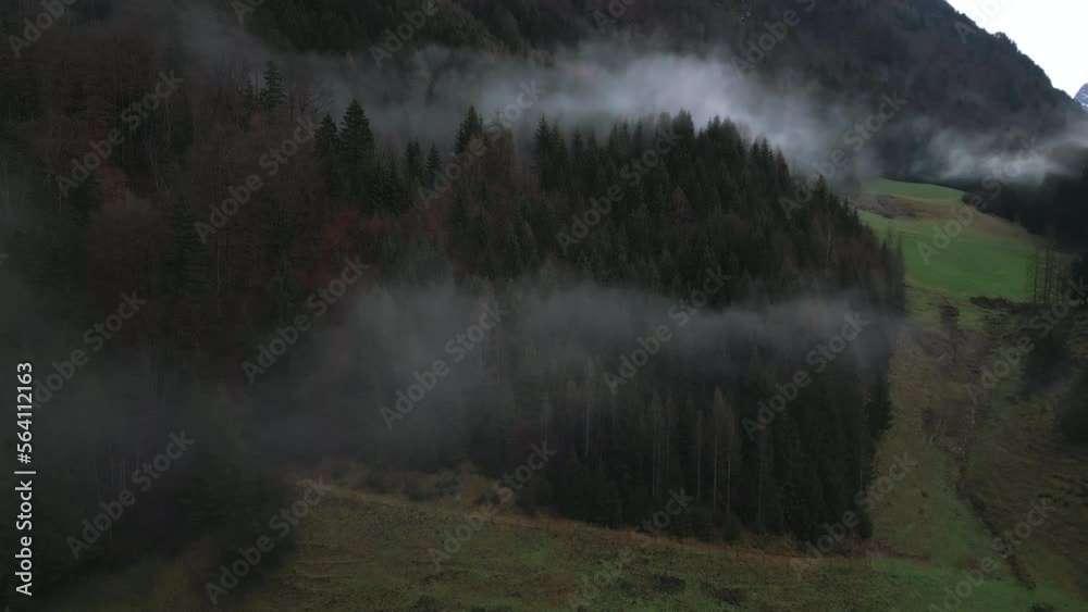 Aerial footage of iconic alpine landscape with deep valleys and summits. Stunning mountains with dense forests in whitish fog. High quality 4k footage