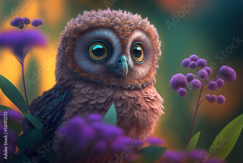 Enchanting mythical owl camouflaged in magical blooming spring flowers in forest. Silent, mysterious and wise bird of prey keeping a solitary wide eyed watch - generative AI illustration.