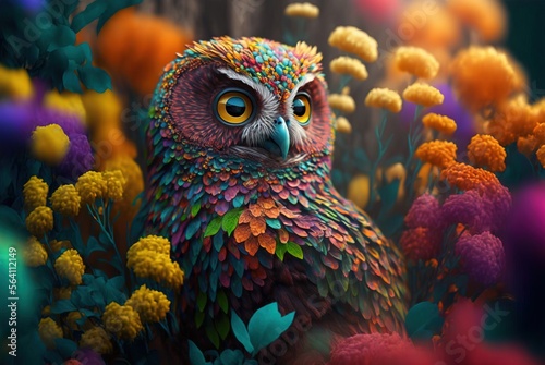 Enchanting mythical owl camouflaged in magical blooming spring flowers in forest. Silent, mysterious and wise bird of prey keeping a solitary wide eyed watch - generative AI illustration. © SoulMyst