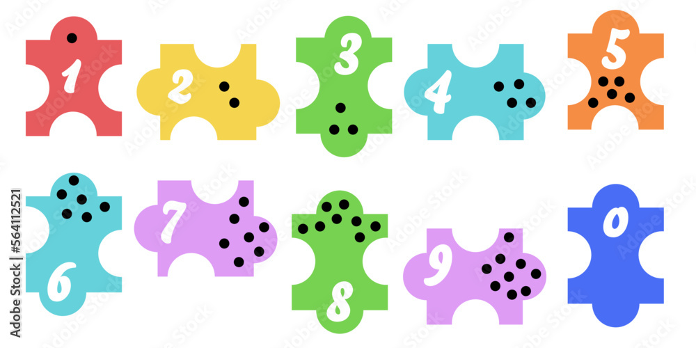 Ordinal numbers children learn to count from 0 to 9 white puzzles of different colors with black dots. Vector art illustration Ordinal numbers children learn to count from 0 to 9 white puzzles of different colors with black dots. Vector art illustration