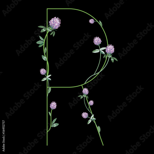 Capital letter R with floral motifs. Decorative font with blooming branches of red clover flower. On black background.