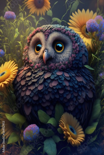 Enchanting mythical owl camouflaged in magical blooming spring flowers in forest. Silent  mysterious and wise bird of prey keeping a solitary wide eyed watch - generative AI illustration.