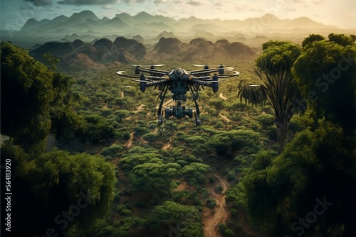 top view drone with professional camera, forests on the background Cinematic landscape,Generative AI 