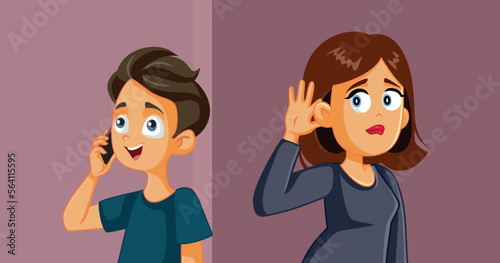 Mother Spying on her Teen Boy Phone Call Vector Cartoon Illustration. Skeptical controlling mom invading the privacy of her son
