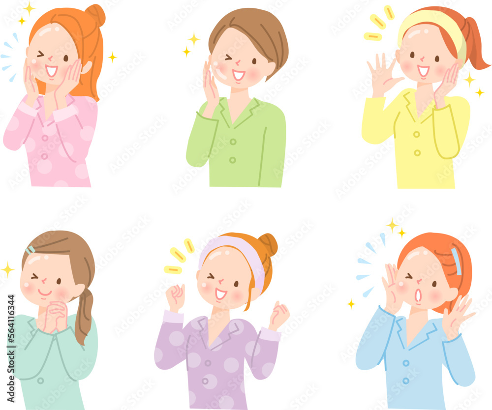 肌のきれいな若い女性のイラストセット 肌のきれいな若い女性のイラストセット