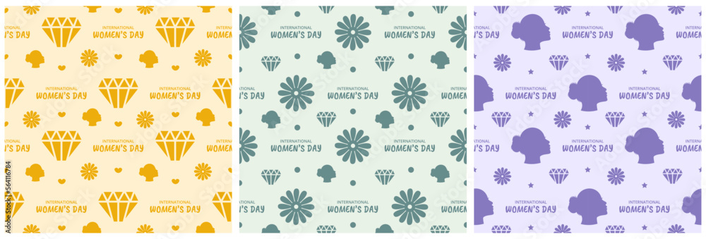 Set of Women Day Seamless Pattern Design with Girl Ornament in Template Hand Drawn Cartoon Flat Illustration