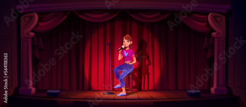 Comedian girl with mic on stage. Standup, comedy performance, open mike event with woman joking sitting on stool on scene with red curtains, vector cartoon illustration