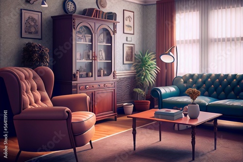 retro-style living room made with generative ai with vintage furniture and decor