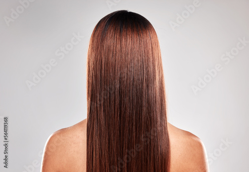 Back, woman and hair care with shine, glow and natural beauty with girl on grey studio background. Hairstyle, female and lady with dandruff free scalp, salon treatment or grooming routine for texture
