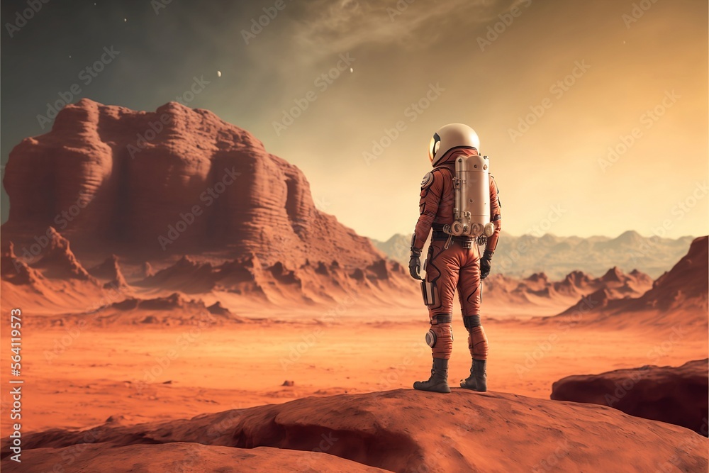 Shot of Astronaut Confidently Walking on Mars. Red Planet , Humans Overcoming Difficulties. Big Moment for the Human Race. ,Generative ai
