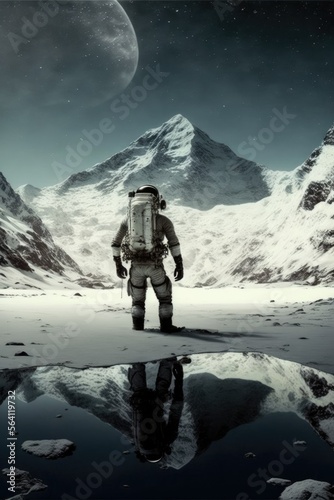 Astronaut Lands on The Moon, AI Generated Image of a Person on a Spacesuit on an Alien Planet