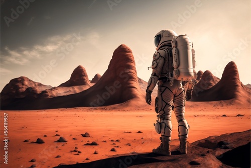 Shot of Astronaut Confidently Walking on Mars. Red Planet   Humans Overcoming Difficulties. Big Moment for the Human Race.  Generative ai 