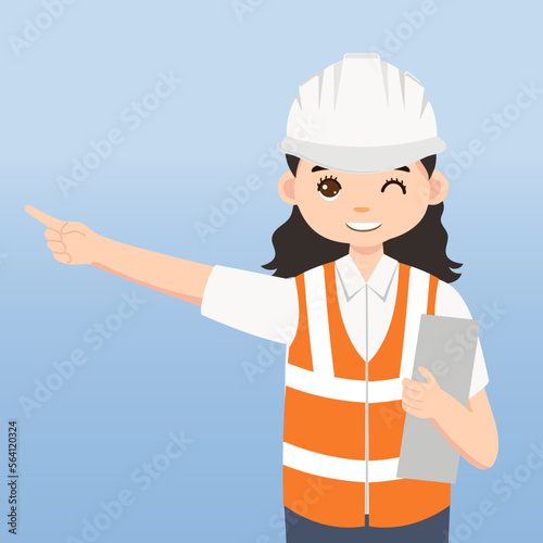 Architect, technician and builders and engineers and mechanics and Construction Worker,Vector illustration cartoon character. Woman Engineer with white safety helmet and vest in construction site.