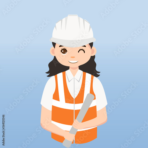 Architect, technician and builders and engineers and mechanics and Construction Worker,Vector illustration cartoon character. Woman Engineer with white safety helmet and vest in construction site.