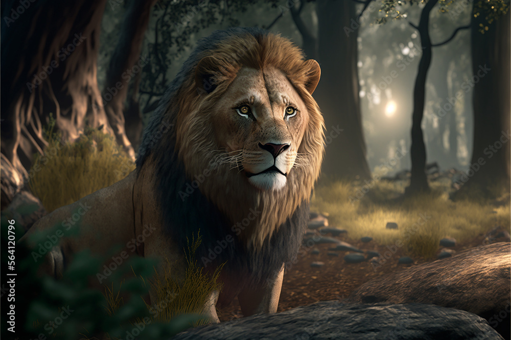 Lion in the forest. Generative AI Lion in the forest. Generative AI