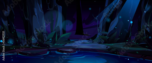 Night landscape with lake water under moomlight. Dark nature scene with fields and trees, river or pond shore with stones, flying glowworms, vector magic cartoon illustration
