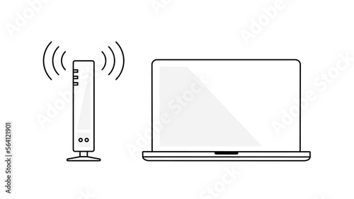 Laptop and wireless router clip art. Monochrome outline style.